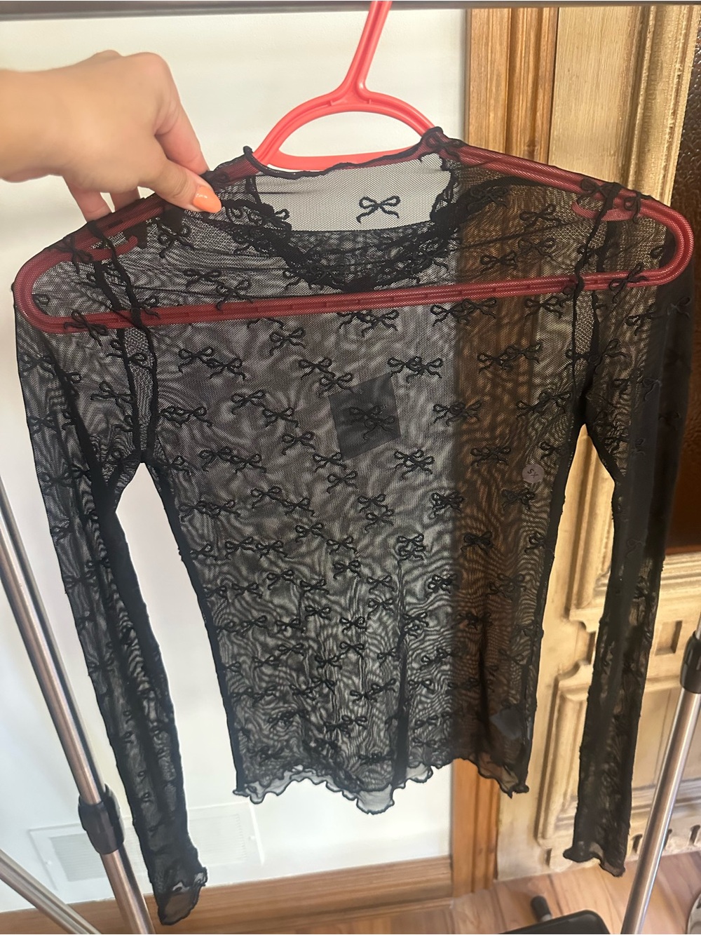 American Eagle Outfitters Black Sheer Lace Bow-Embroidered Long Sleeve Top